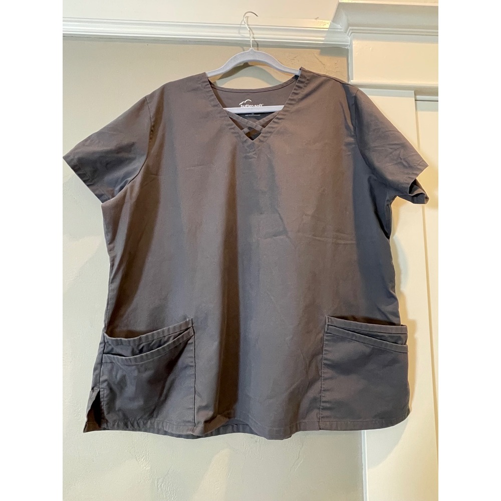 Butter-Soft Stretch Womens Scrub Top Charcoal Gray V-Neck Criss Cross 2X
